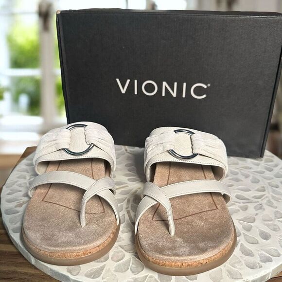 Vionic Landyn Leather Supportive Slide Sandals Cork Orthotic Comfort Women 8 NIB - Picture 7 of 14